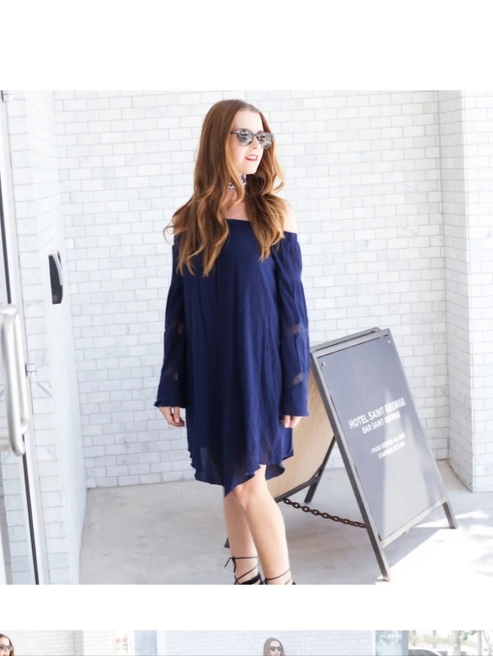 NWT Love Fire Boutique Navy Blue Off The Shoulder Gauzy Bell Sleeve Dress Medium